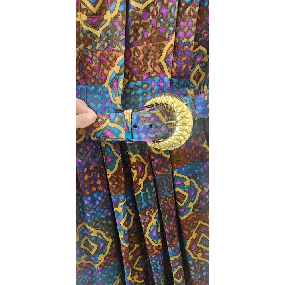 Worthington Essentials Vintage Midi Dress Geometric Print Belted Rayon Size 6